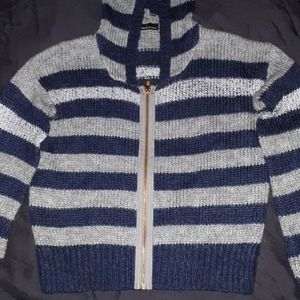 Moda International Striped Navy Blue & Gray Wool-Blend Hoodie Sweater Sm…